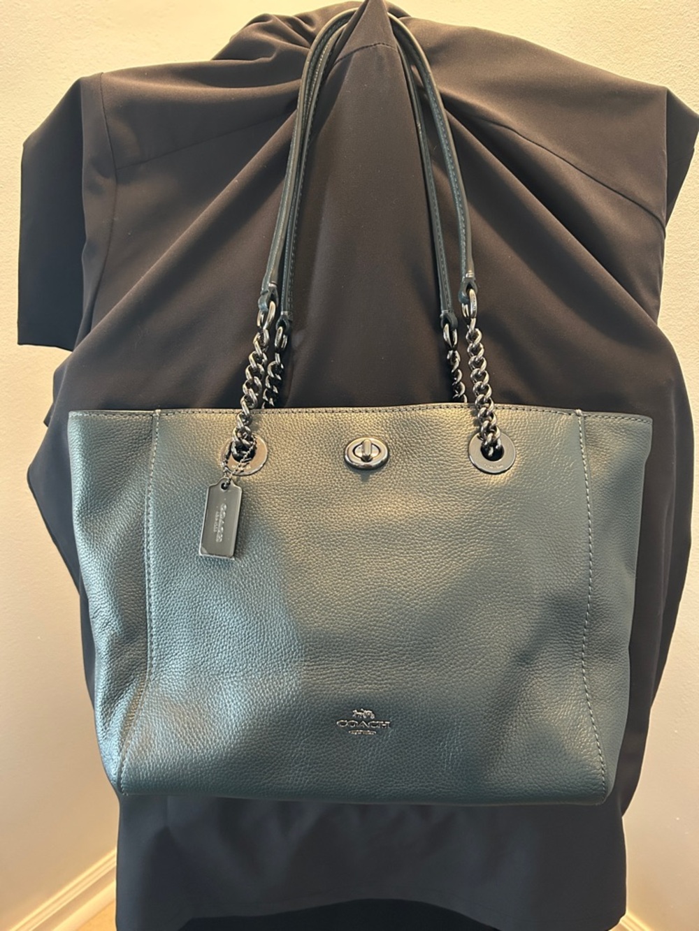 Coach Pebbled Leather Tote in Deep Green with Silver Hardware